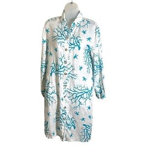 Luisa Beach Cover Up dress Linen " Made in Italy" Long Sleeve Coral Print Size S
